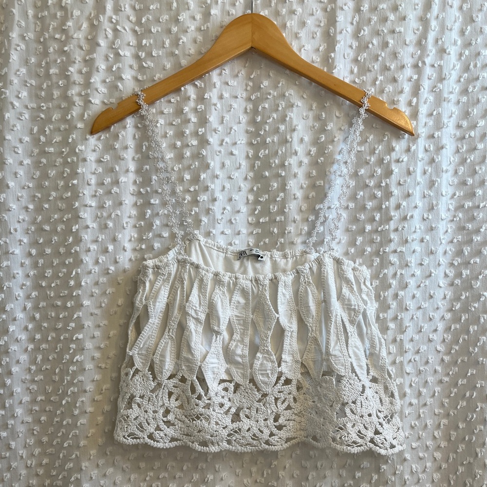 Zara White Lace & Embroidered Cut-Out Crop Top